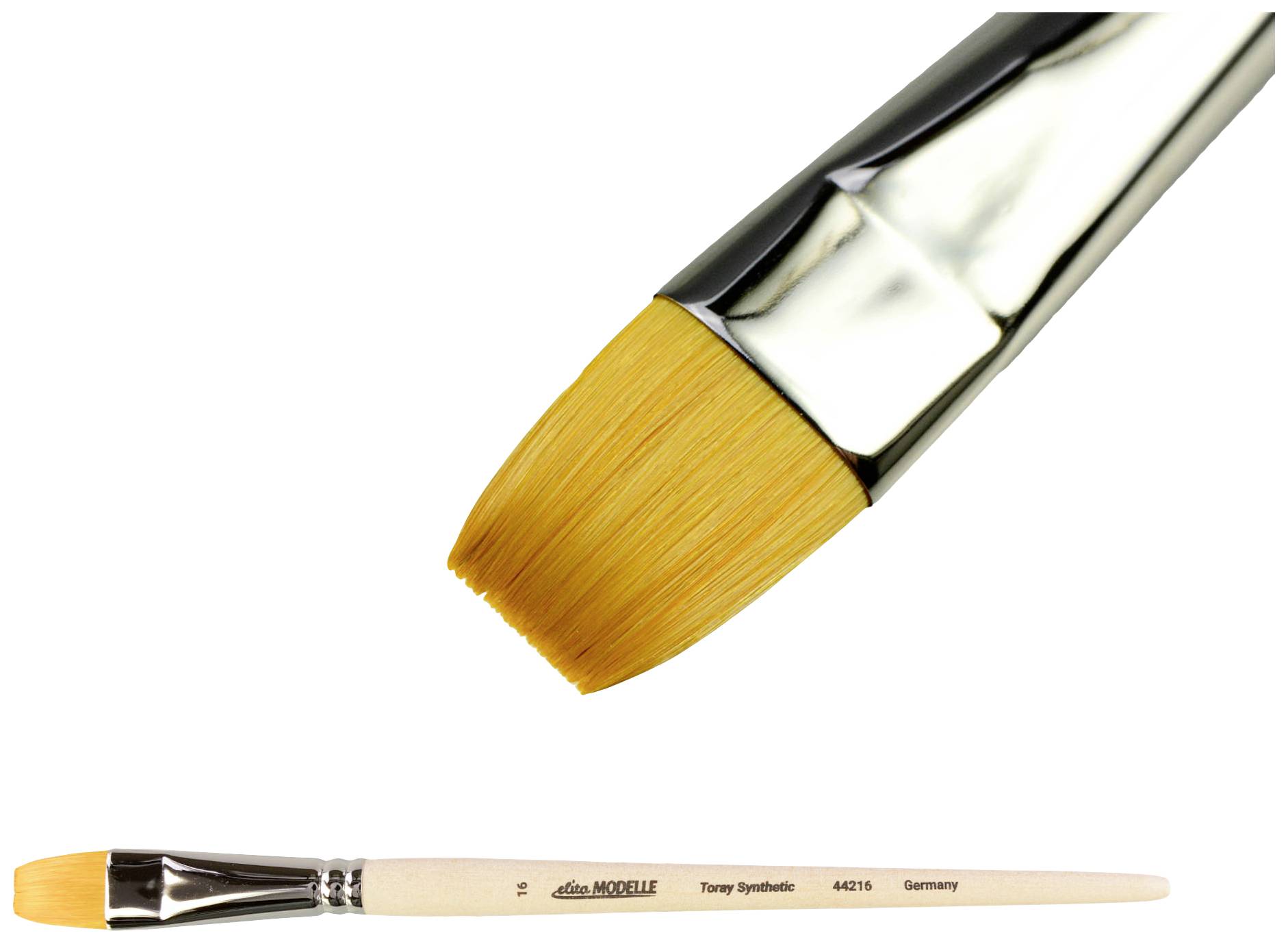 'Flat paintbrush with synthetic bristles and wooden handle, suitable for precise painting.'