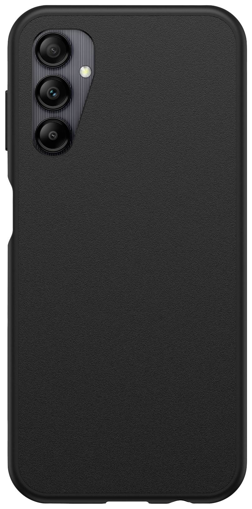 Black smartphone with three camera lenses on the back.