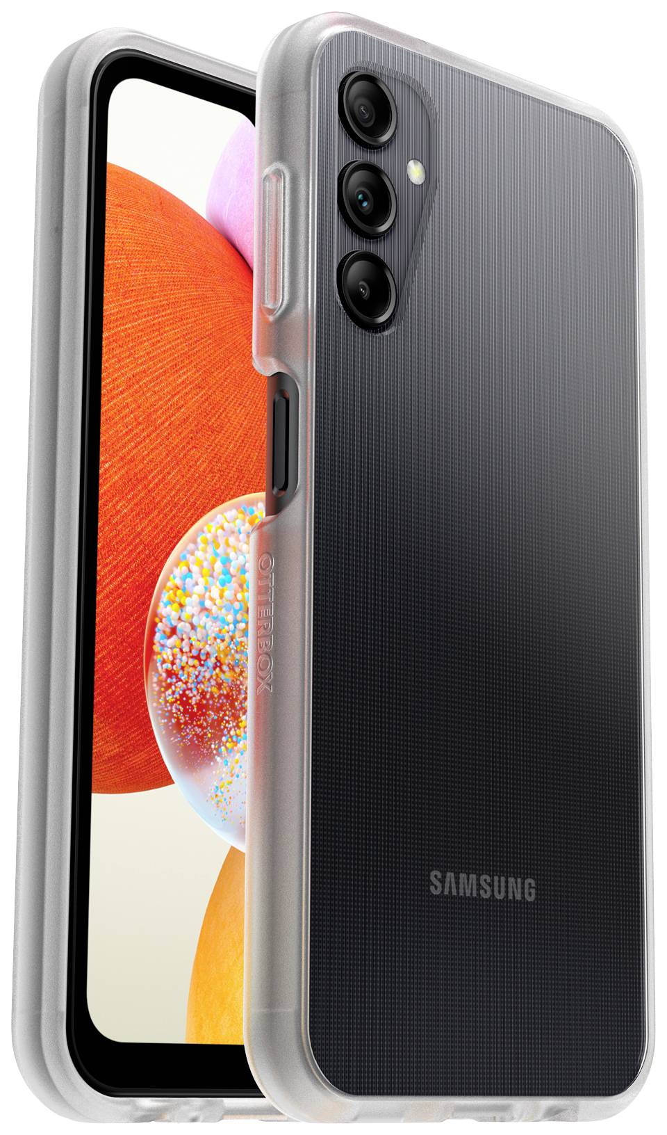 A smartphone in a transparent case. Rear view shows three camera lenses. Screen displays colourful graphic.