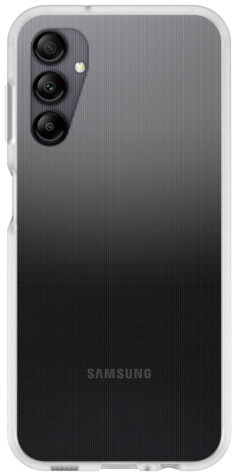 Rear view of a Samsung smartphone with three camera lenses and a flash light in a transparent case.