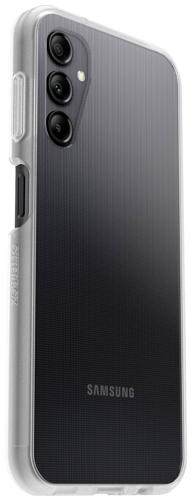 A smartphone with three cameras on the back, in a transparent case, with the brand name 'Samsung' visible at the bottom.