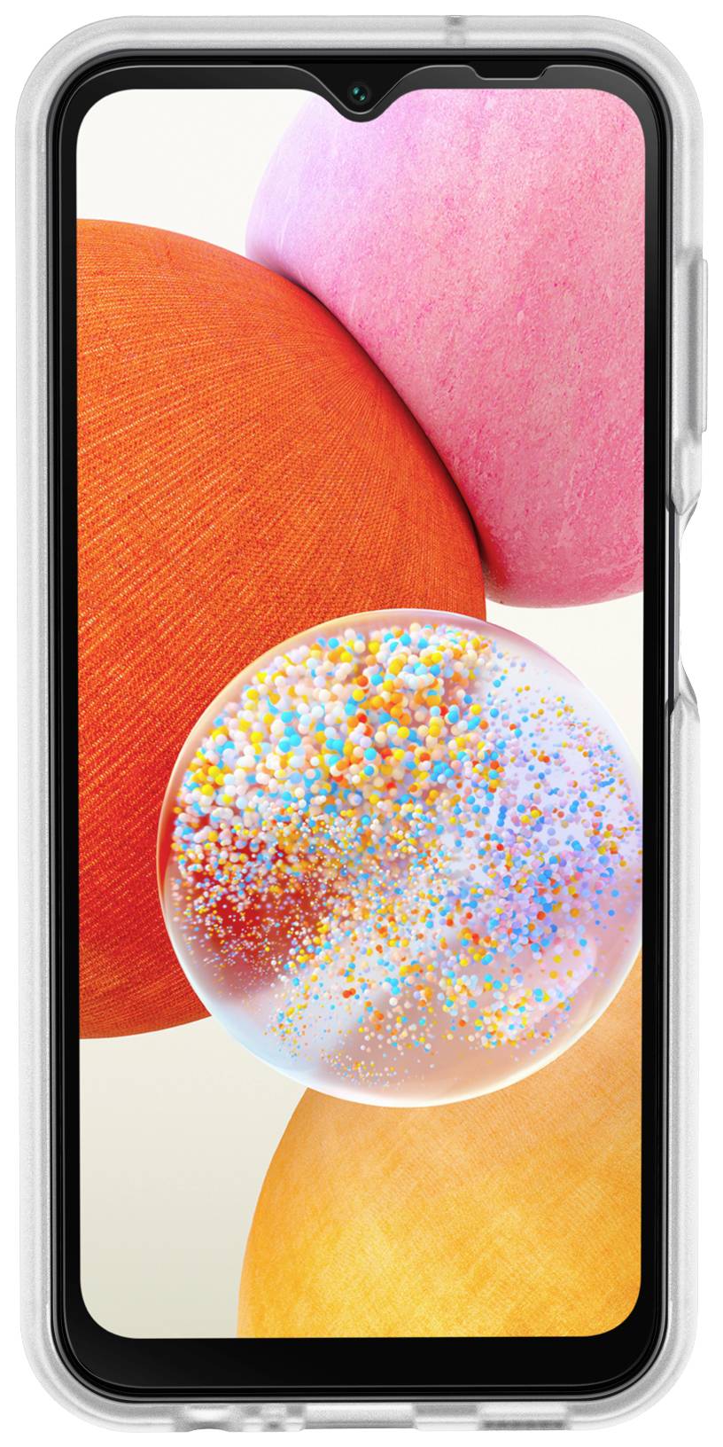 A smartphone with a transparent protective case, displaying a screen with abstract, colourful shapes.