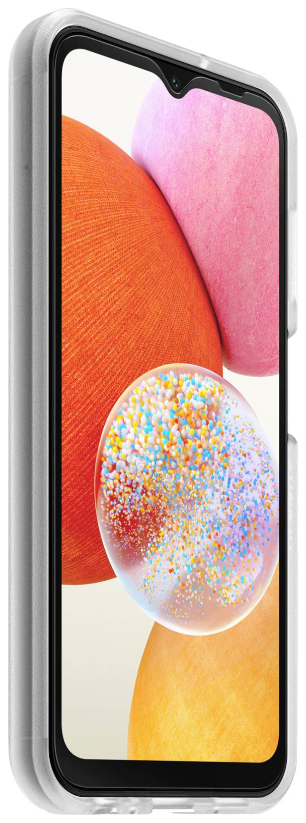 Smartphone with a colourful protective case. The display shows a vibrant graphic animation with round shapes in orange, pink and white.