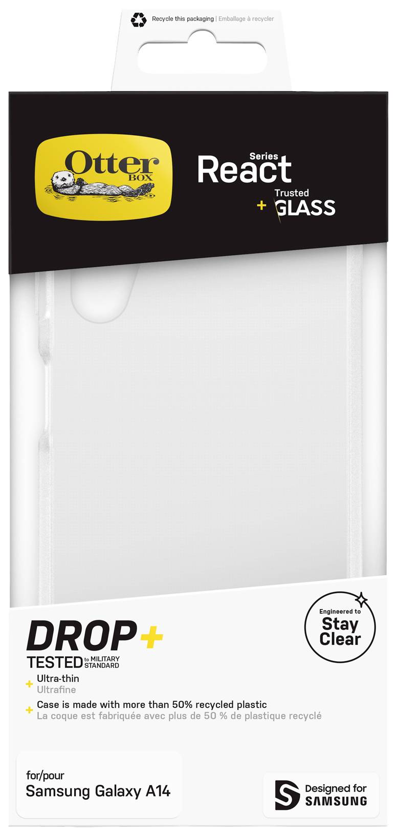 Packaging for an OtterBox React protective case for Samsung Galaxy A14. Manufactured from over 50% recycled plastic. Transparent design.