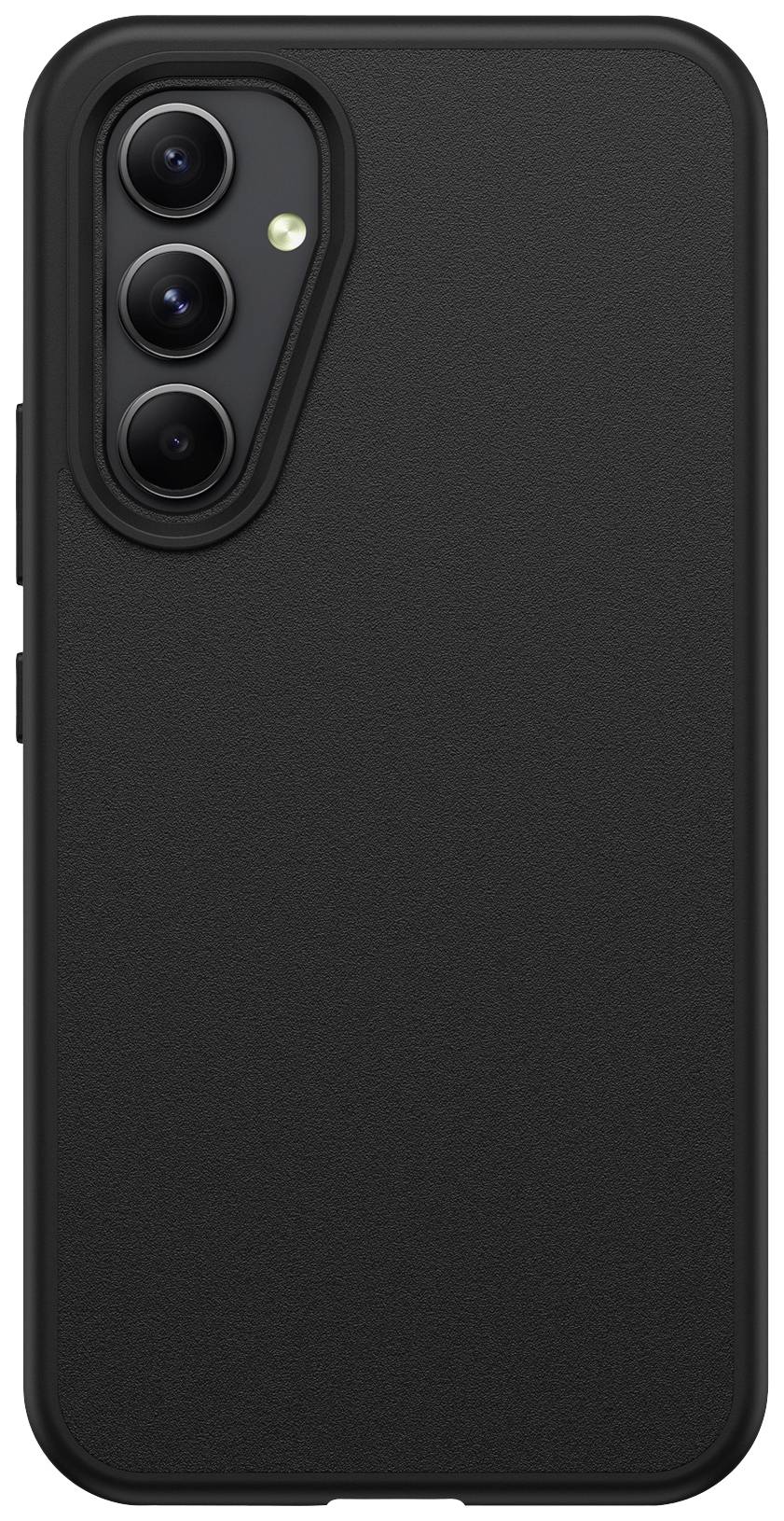Black smartphone with three rear cameras and flash, vertically arranged on the left side. Back surface is smooth and matte.