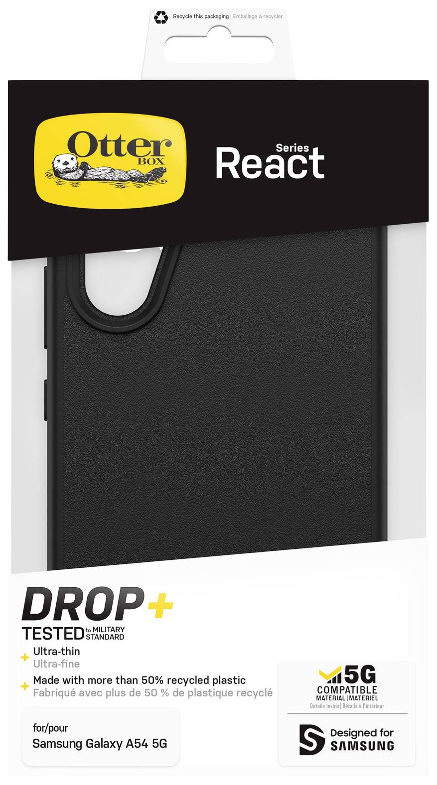 'Black OtterBox React phone case, ultra-thin, for Samsung Galaxy A54 5G, made from over 50% recycled plastic.'