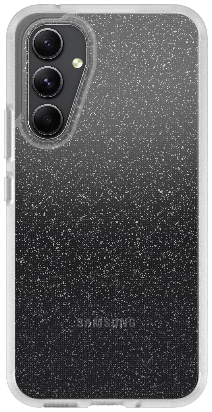 Clear phone case with glitter particles framing three camera lenses. Brand name subtly visible at the bottom.