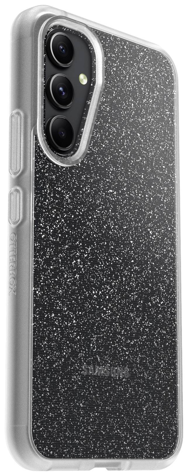 A smartphone with a black back panel in a transparent, glittery case. Three camera lenses are visible.