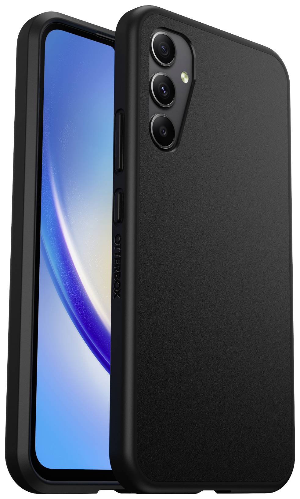 A black smartphone in a robust case, viewed from both back and front, with three camera lenses visible.