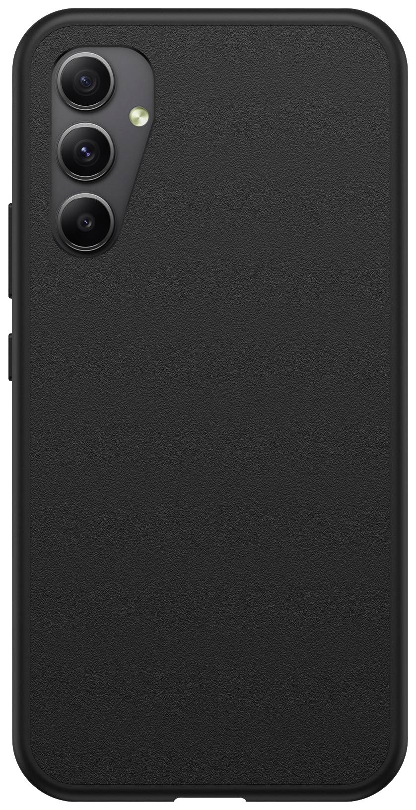 Black smartphone with three vertically aligned camera lenses on the back, slightly rounded casing.