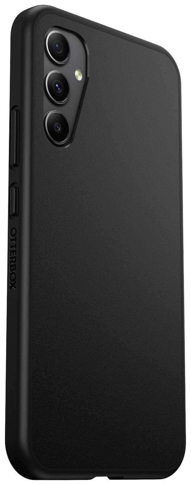 Black smartphone in a black, robust protective case with three camera lenses on the back.