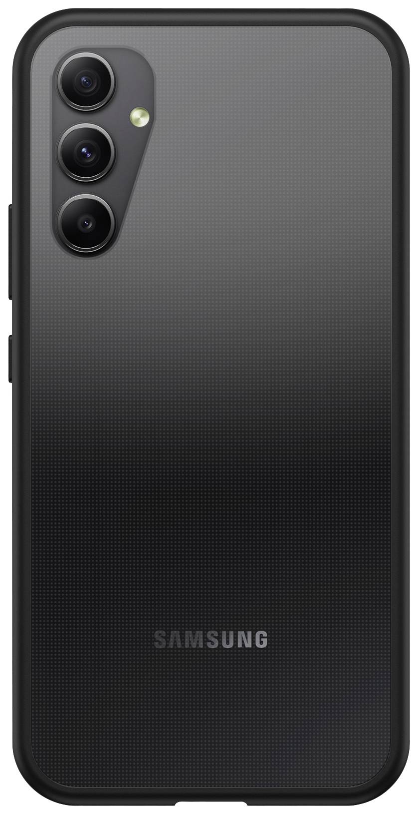 The rear of a black Samsung smartphone with three cameras, a flash, and a brand name logo at the bottom.