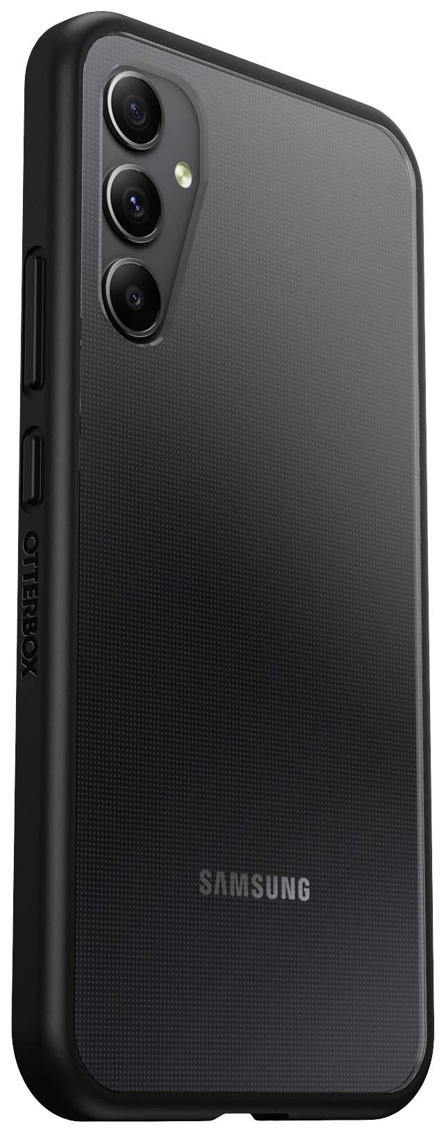 Smartphone in a black protective case. Three lenses and flash illuminate the back. 'Samsung' and 'OtterBox' are visible.