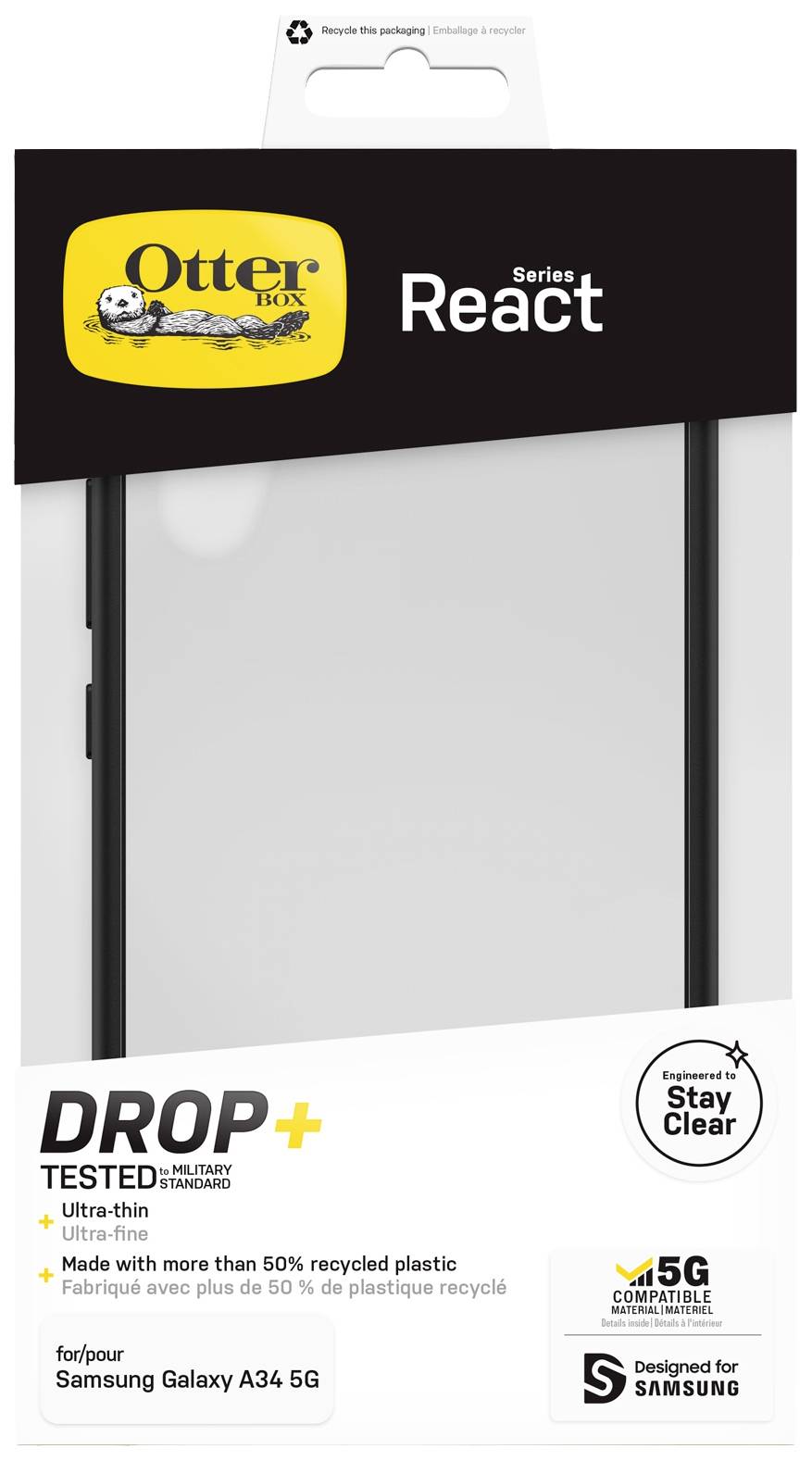 Packaging for an OtterBox React Protective Case for Samsung Galaxy A34 5G. It is ultra-thin and over 50% made from recycled plastic.