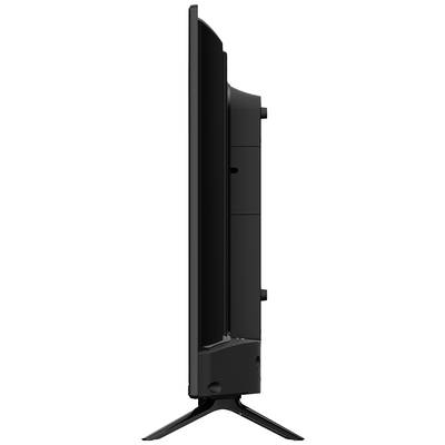 Side view of a flat-screen television positioned on an X-shaped stand.