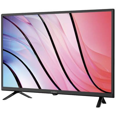 A modern flatscreen television with a stylish, curved stand. Colourful waves in blue and red are visible on the screen.