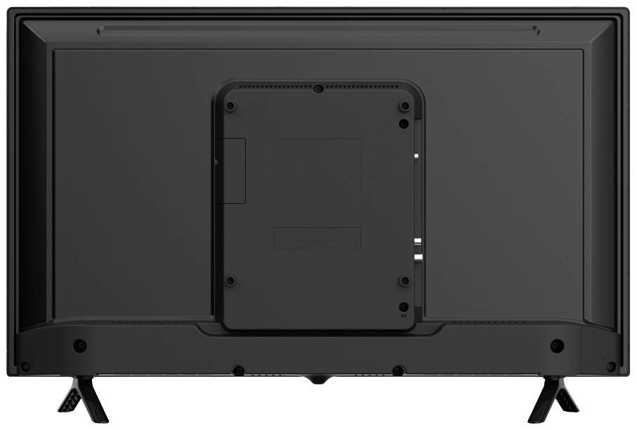 Rear view of a television with stand legs, showing connections and mounting points.