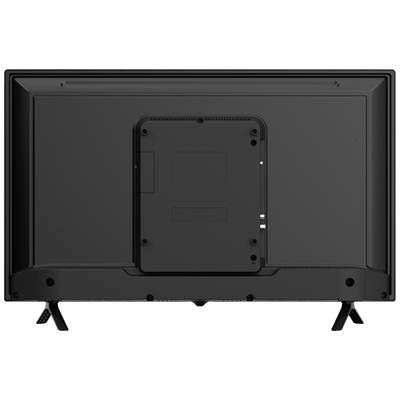 Rear view of a television with stand legs, showing connections and mounting points.