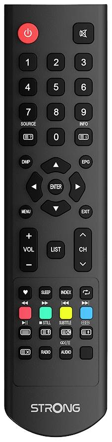 Black remote control with buttons for Power, Menu, Volume, Channel Change and coloured function buttons. Brand name at the bottom.