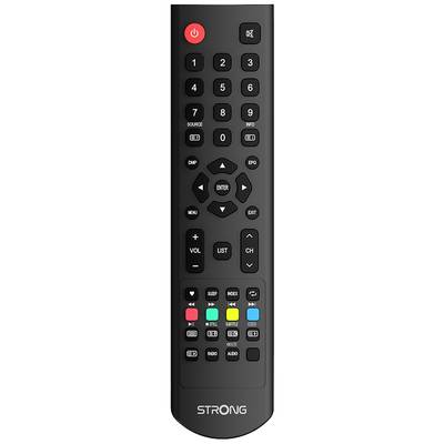 Black remote control with buttons for Power, Menu, Volume, Channel Change and coloured function buttons. Brand name at the bottom.