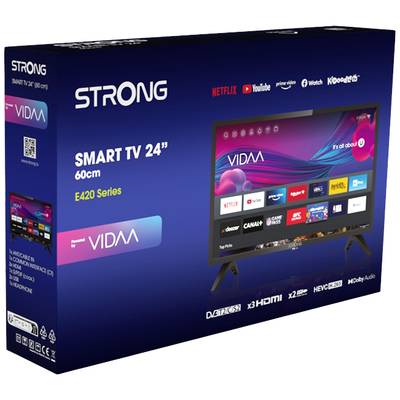 Packaging of a 24" (60 cm) Smart TV by STRONG, Model E420 Series, showing apps such as Netflix and YouTube.