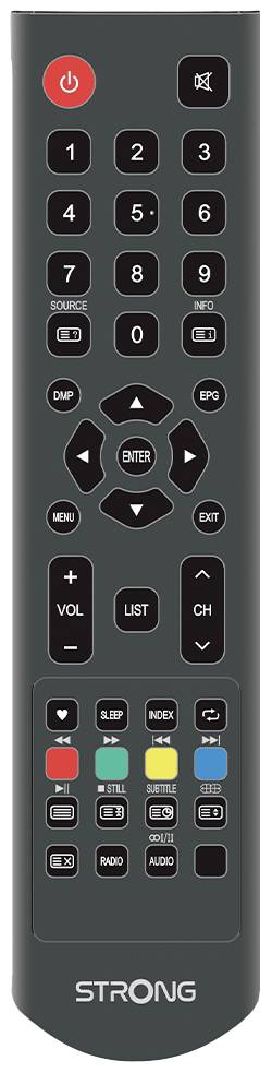 Black remote control with red, yellow, green, and blue buttons at the bottom, directional pad in the centre, and numerical buttons at the top.