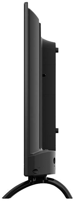 Side profile view of a modern, sleek television on a stand.