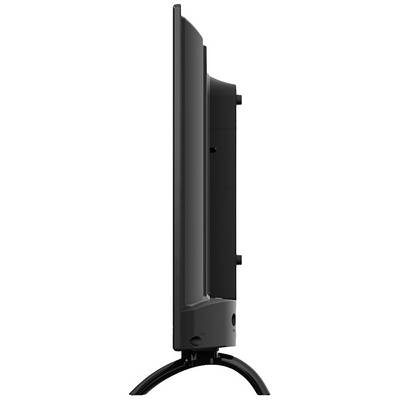 Side profile view of a modern, sleek television on a stand.