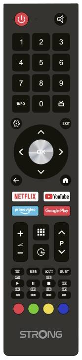 Black remote control with buttons for 'Netflix', 'YouTube', 'Prime Video' and 'Google Play'. Power button at the top, numbers and directional pad in the centre.