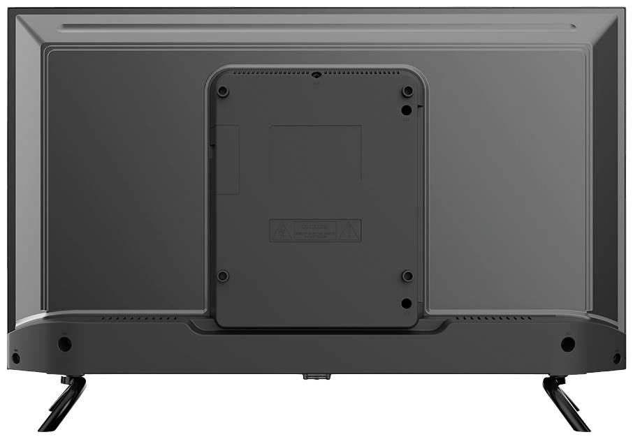 Rear view of a television with a black casing, visible wall mounting bracket and stand feet on both sides.