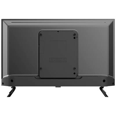 Rear view of a television with a black casing, visible wall mounting bracket and stand feet on both sides.