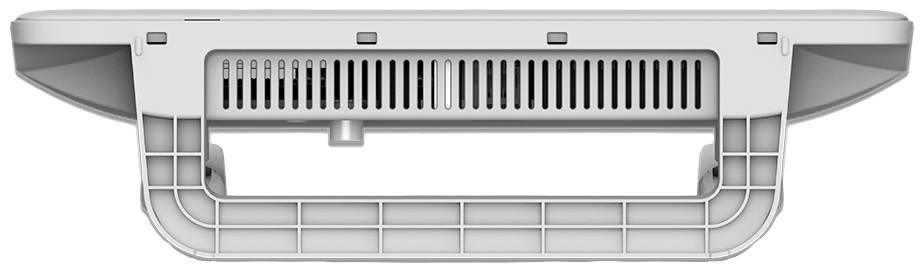 Bottom view of an electronic device's casing, showing ventilation slots and a handle with a lattice structure.