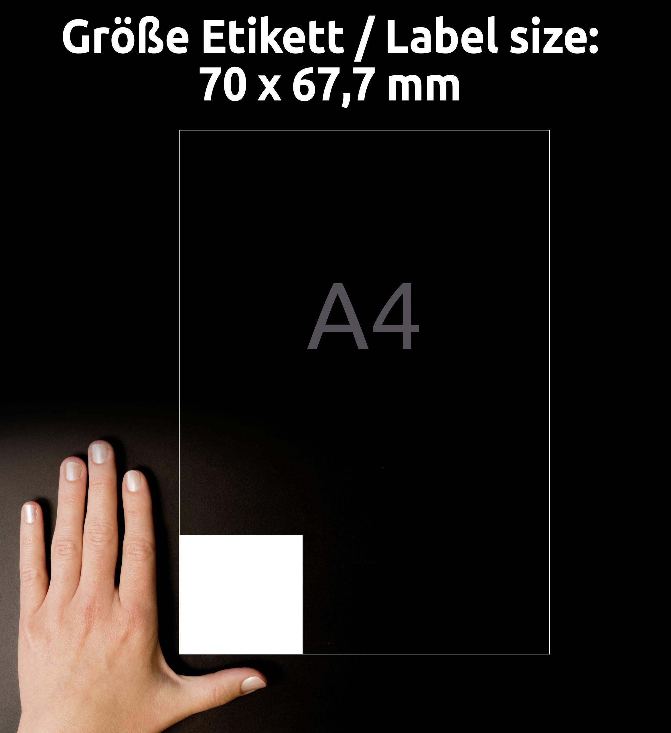 Label size of 70 x 67.7 mm shown on A4 sheet. A hand is placed next to the label to illustrate its scale.