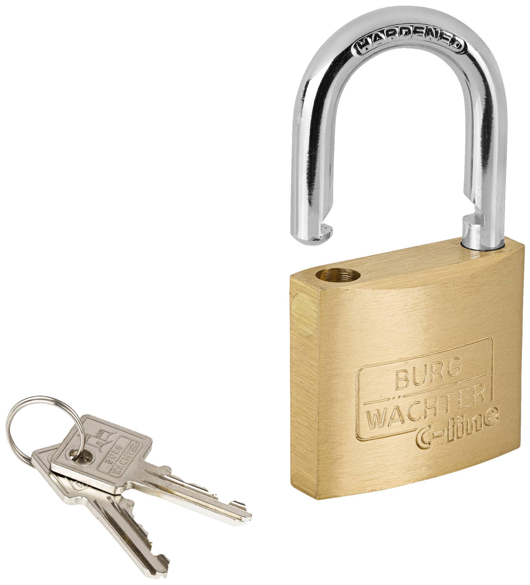 Brass padlock with open shackle and two silver keys. Text on the lock: 'Burg Wächter C-line'.