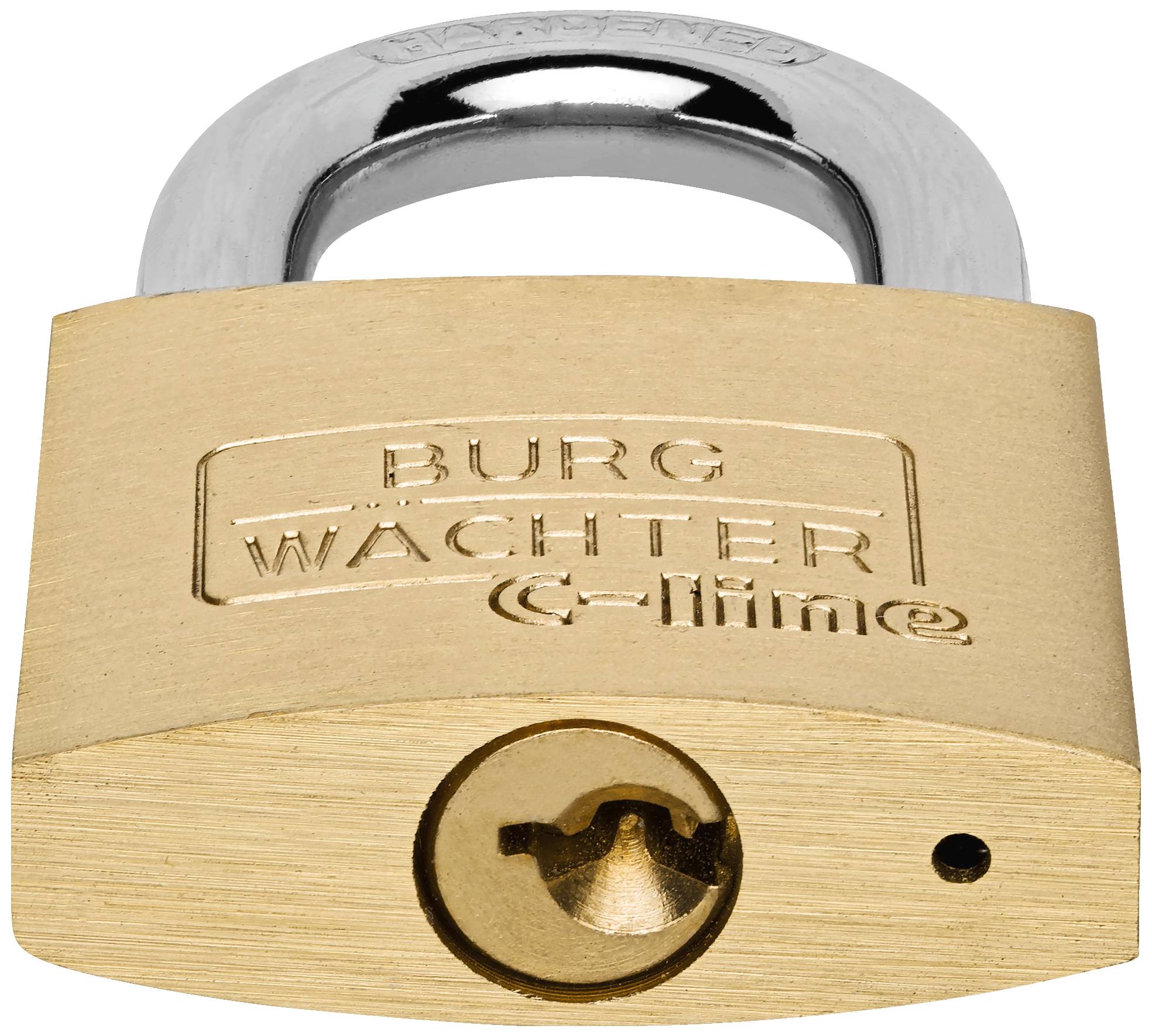 A massive brass padlock with the inscription 'Burg Wächter C-Line' on the front.