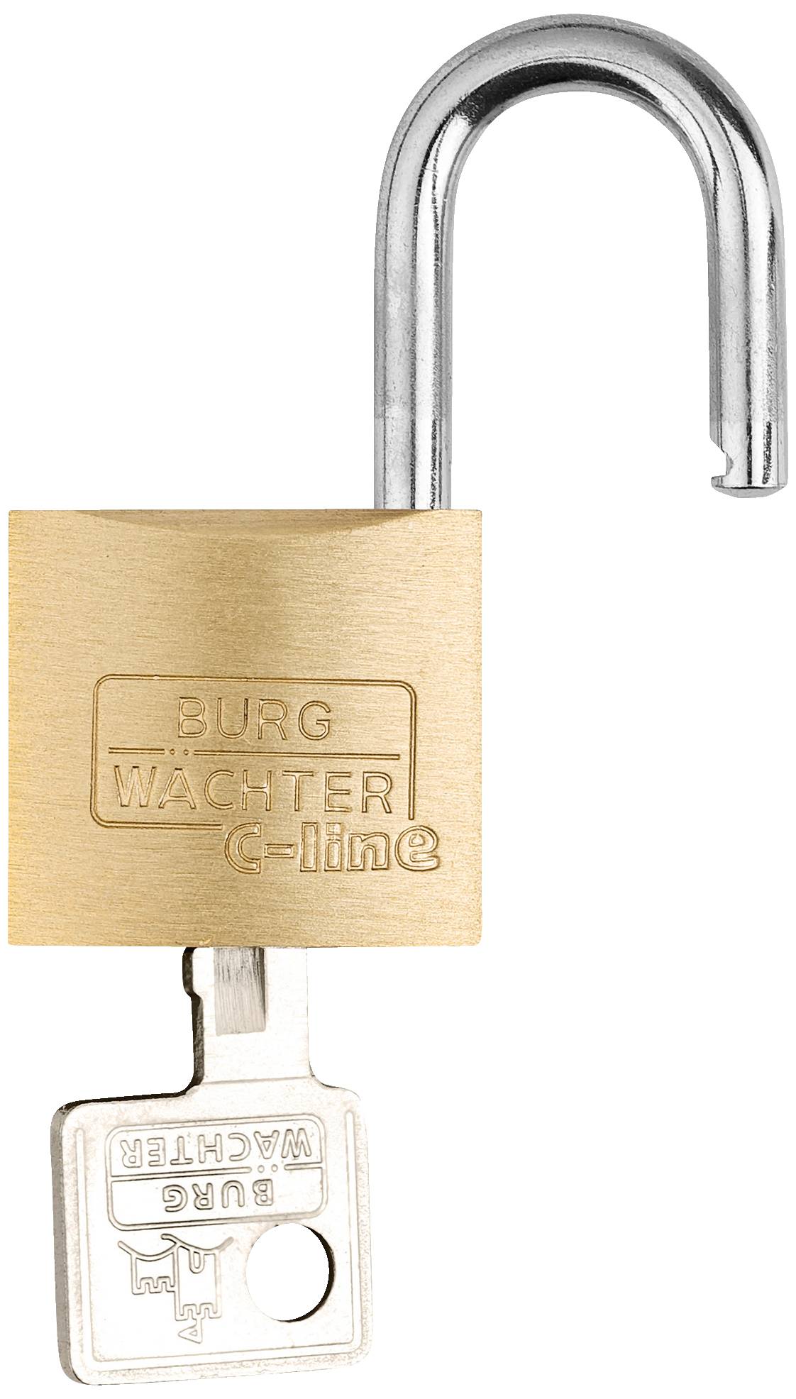 Open metal padlock with engraved brand name. The key is inserted in the lock.