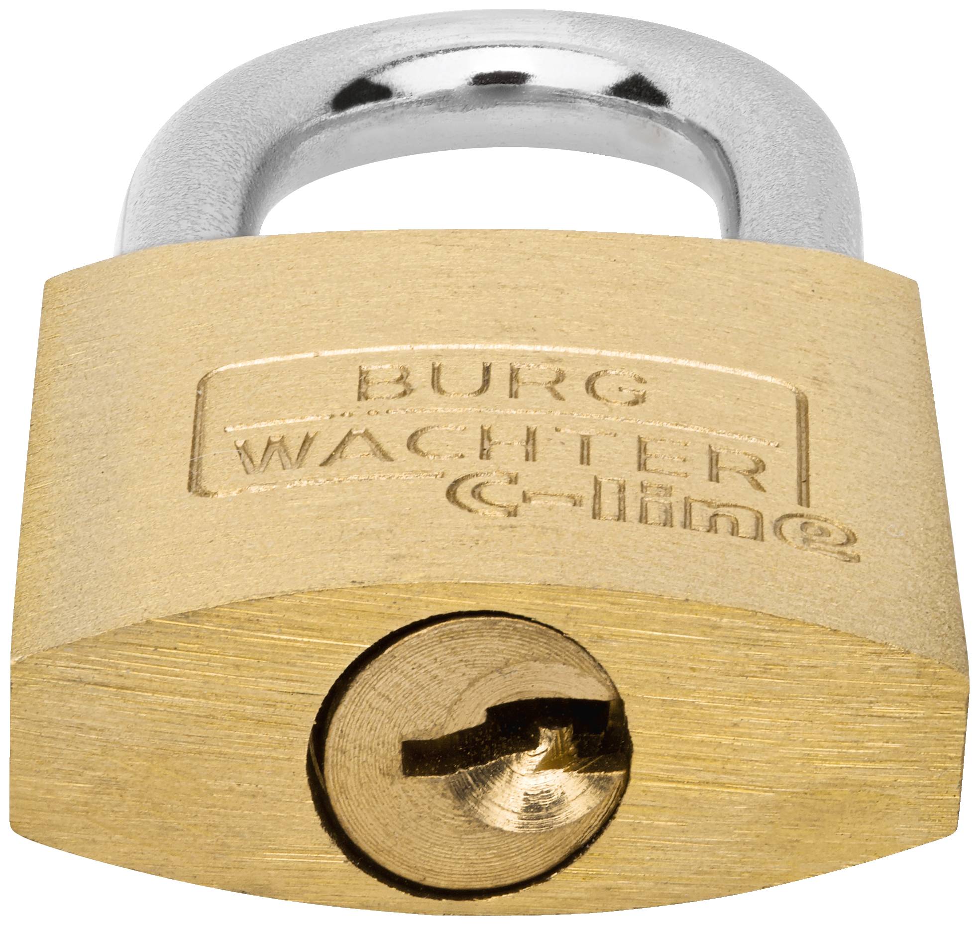 A metal padlock with a brushed surface and silver shackle. The brand name 'Burg Wächter' is engraved on it.