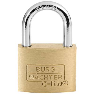A brass padlock with the inscription 'Burg Wächter C-line', with a gleaming steel shackle.