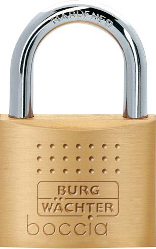 A brass padlock with a silver shackle. 'HARDENED' is printed on top, with 'BURG WÄCHTER' underneath. 'Boccia' is engraved at the bottom.