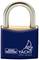 Blue padlock with silver shackle, with the text 'Burg Wächter Yacht, rustproof' printed on it. A sailing boat logo to the left.