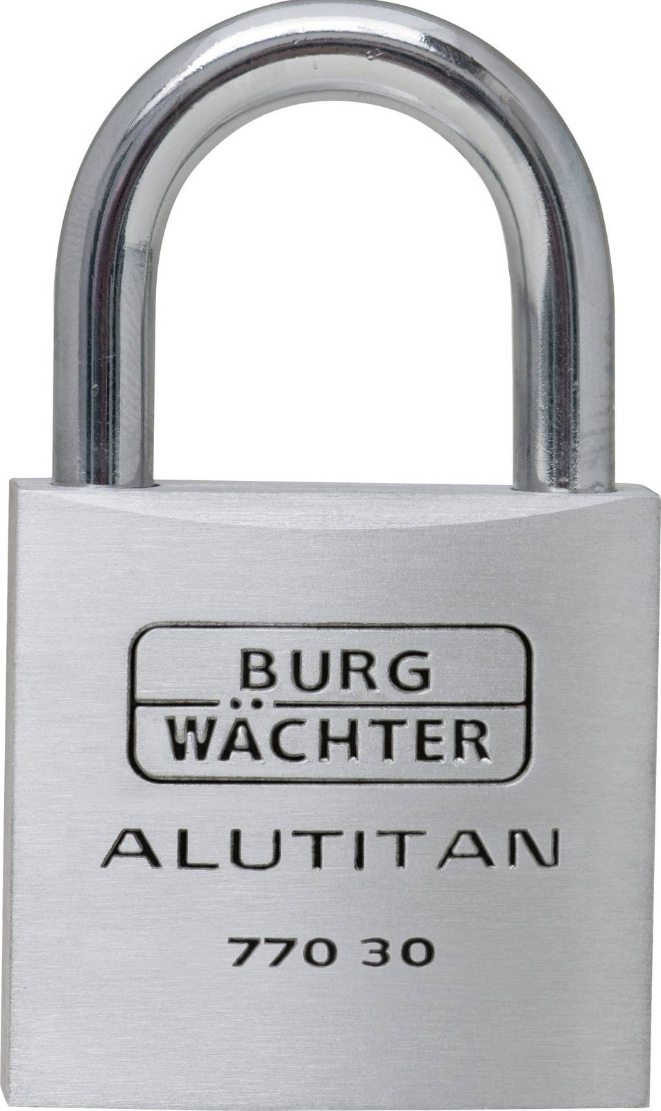 A silver padlock with the inscription 'BURG WÄCHTER ALUTITAN 770 30'.