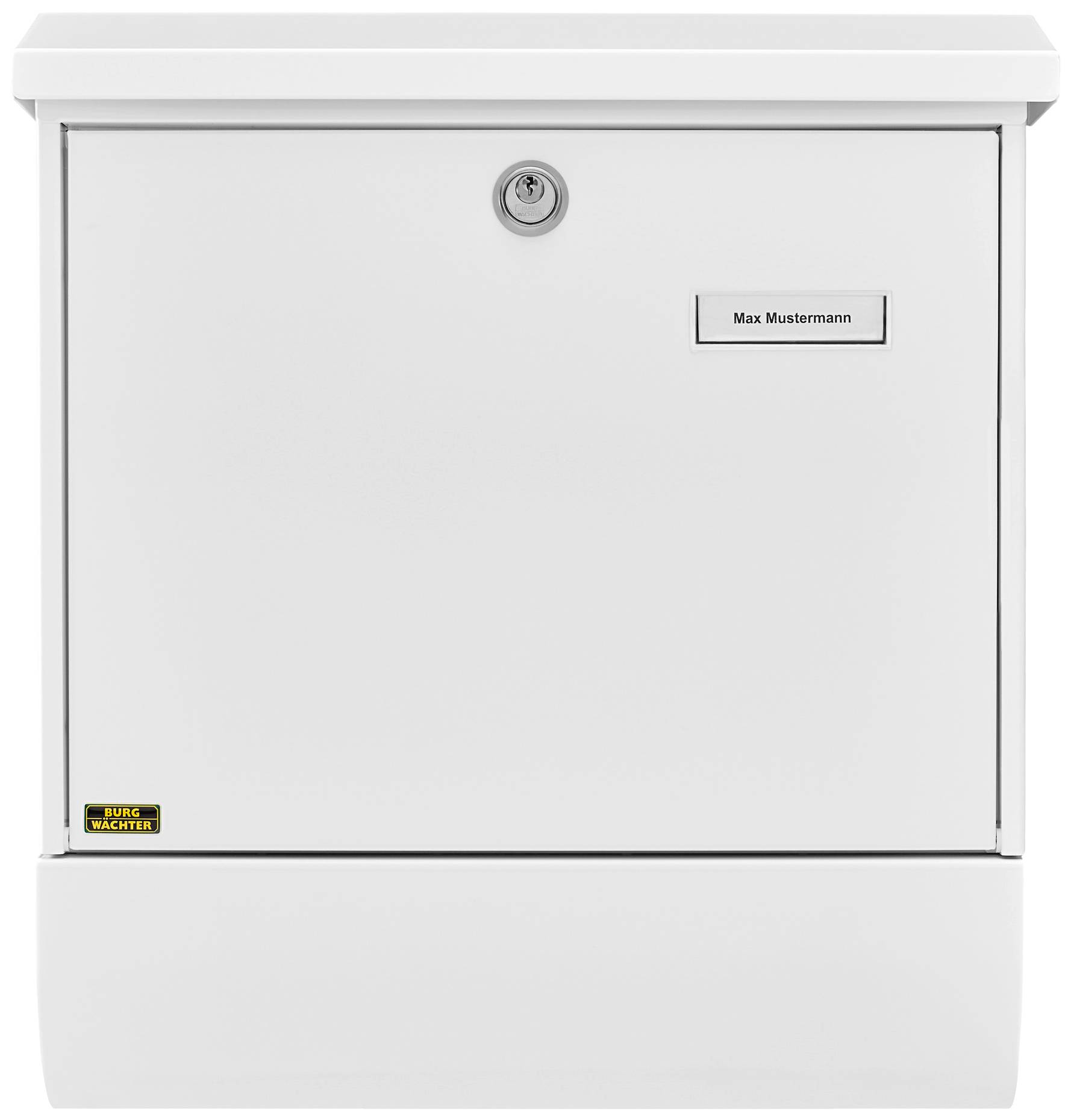 White letterbox with lock and name plate 'Max Mustermann'.