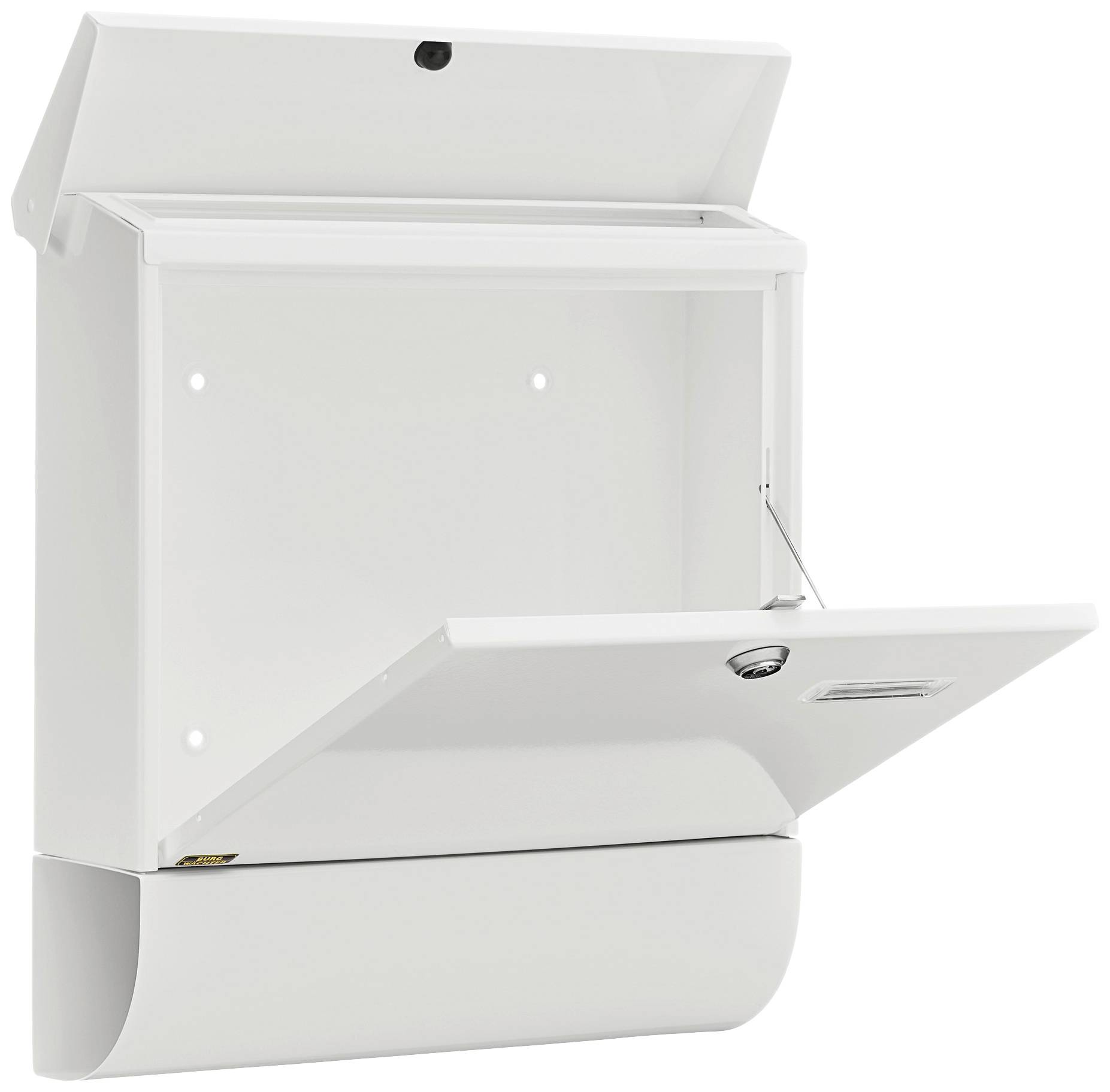 Open white letterbox with a flap and newspaper rack below, ready to receive post.
