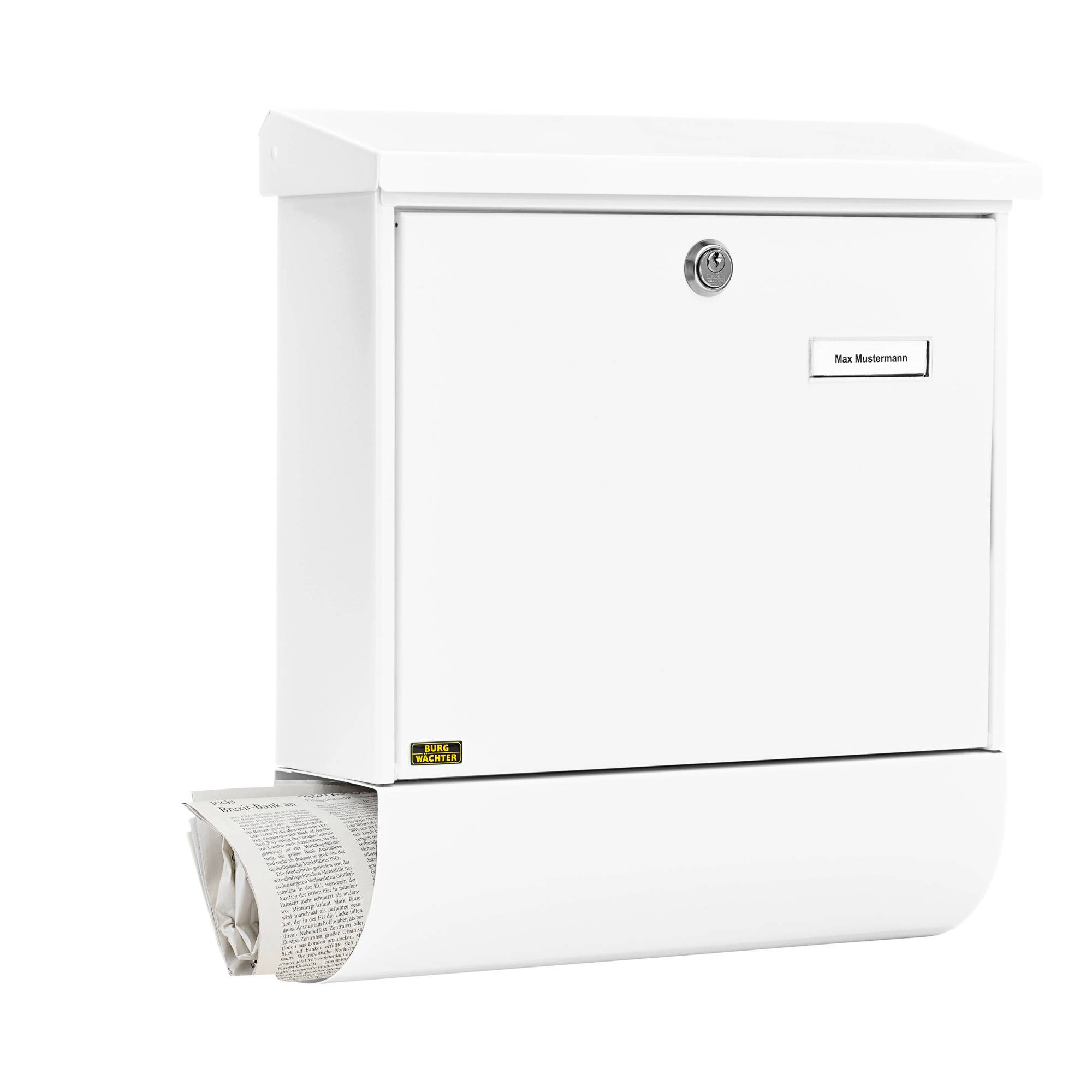 White letterbox with a nameplate reading 'Max Mustermann' and a newspaper compartment with a newspaper protruding from it.