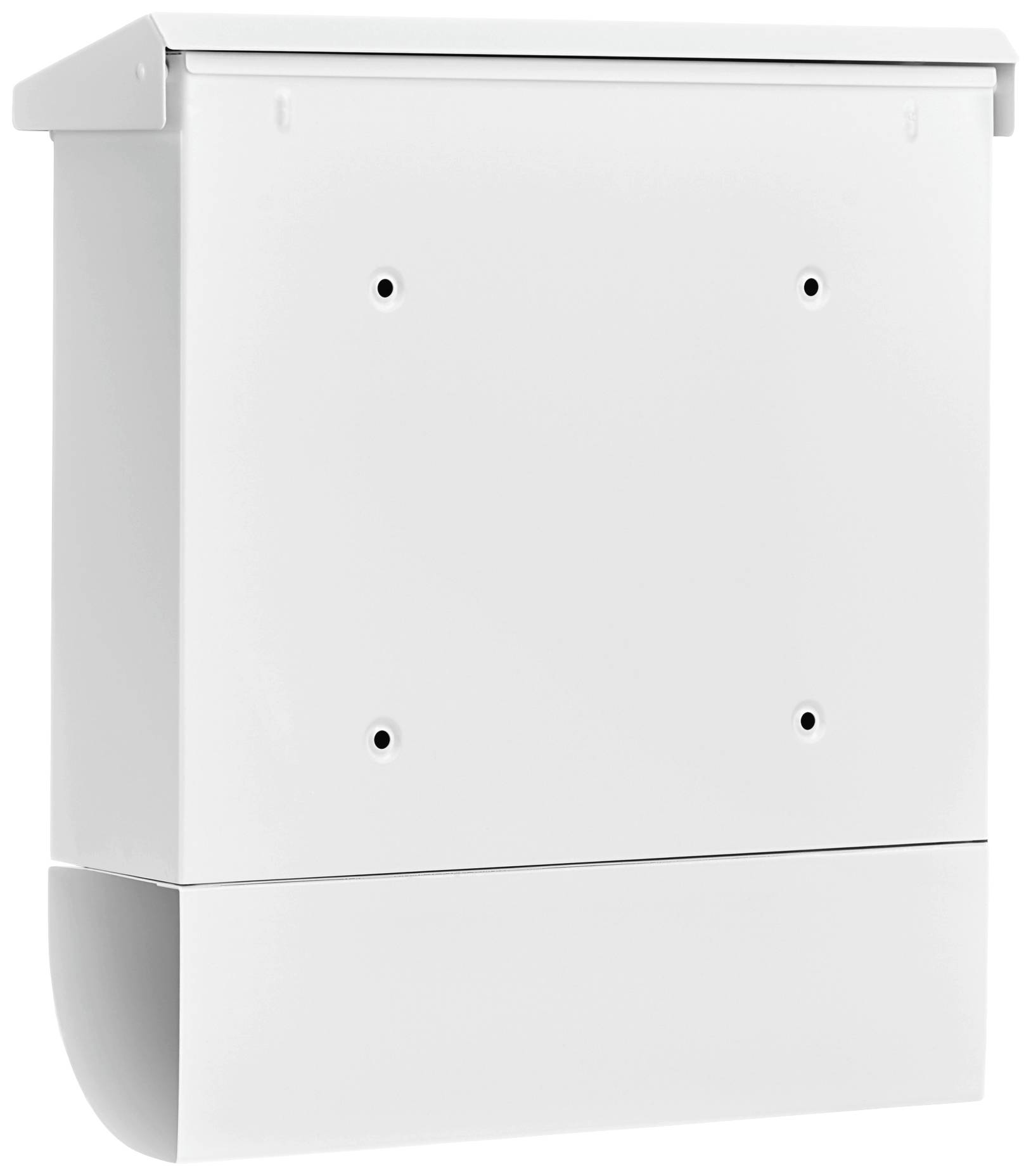 White, rectangular letterbox with a flap and newspaper holder below. Simple design without any visible text or logo.