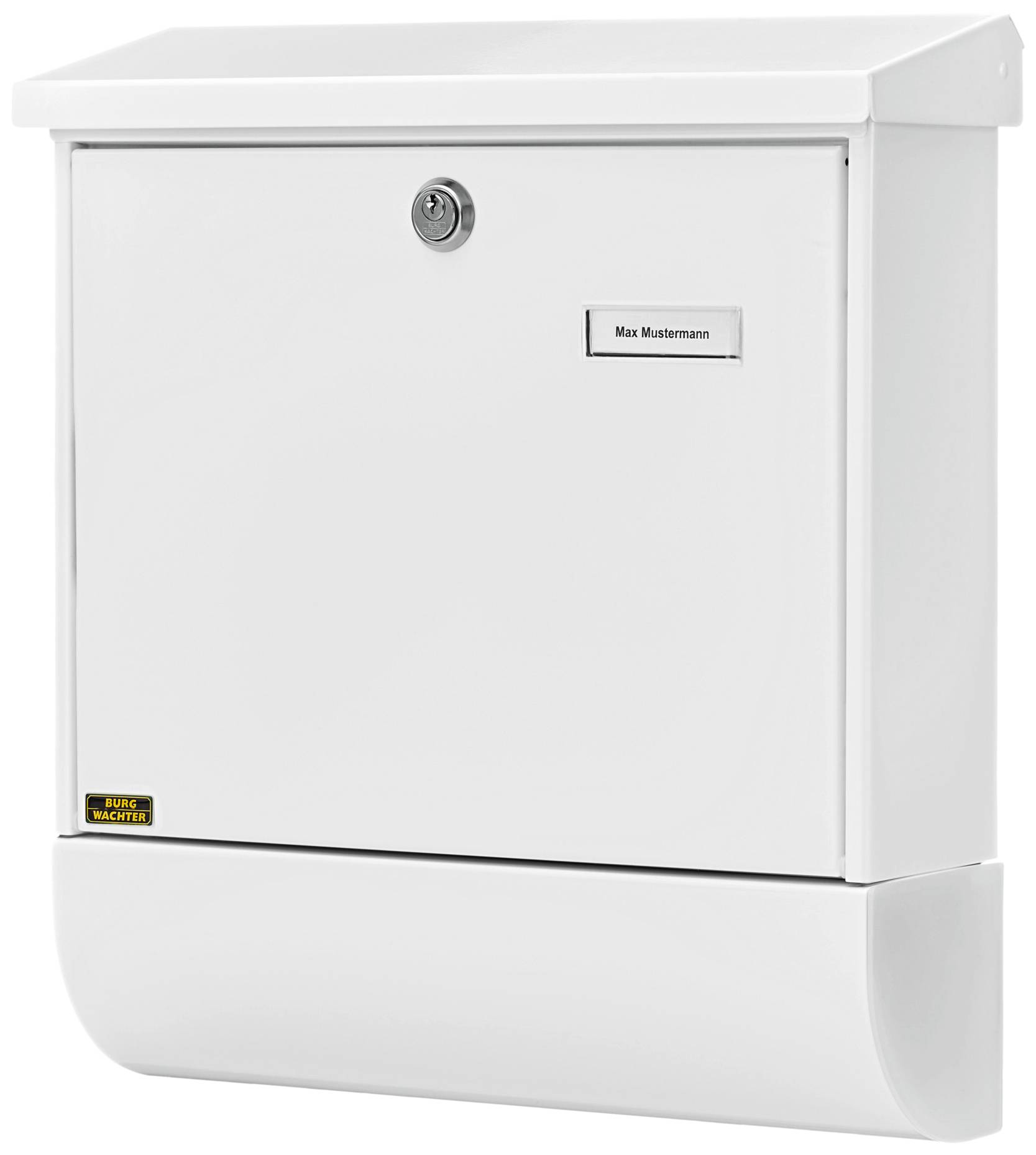 A white letterbox with a nameplate reading 'Max Mustermann' and a lock, rectangular in shape, suitable for outdoor use.