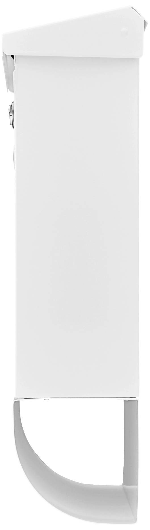 A rectangular, white object with a rounded underside, possibly a technical device or enclosure.