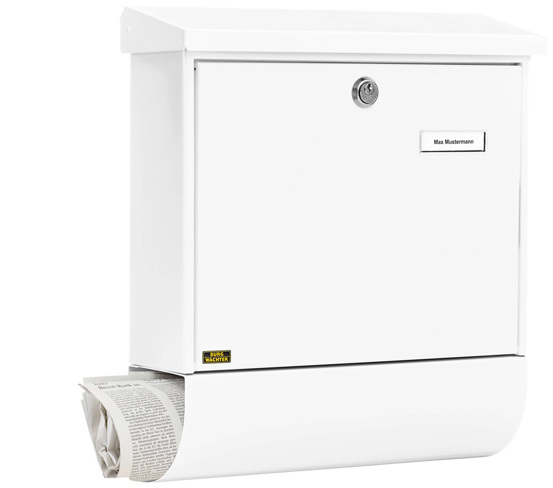 A white letterbox with a newspaper compartment at the bottom, a lock in the centre, and a nameplate reading 'Max Mustermann' in the top right-hand corner.