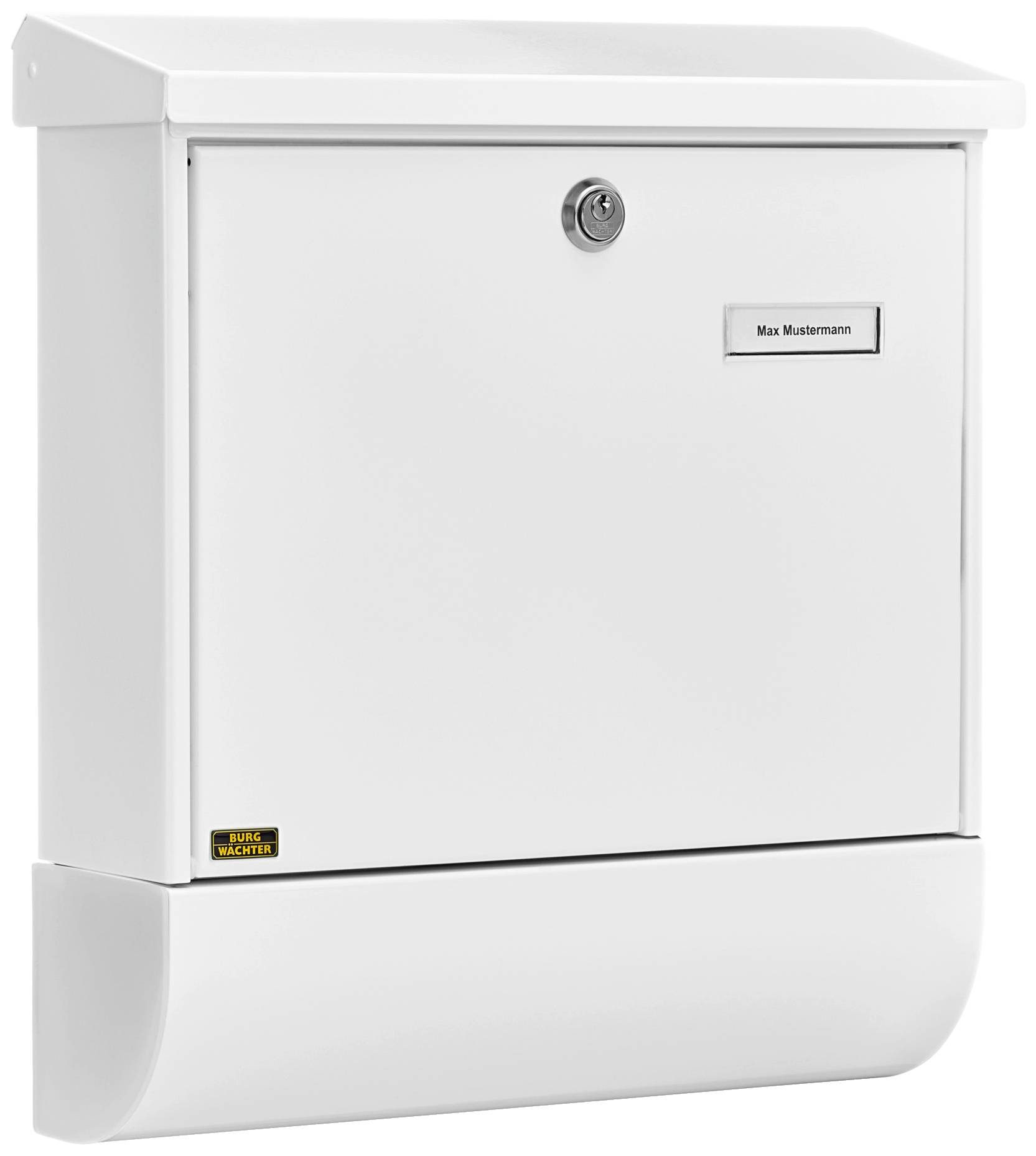 A white metal letterbox with a nameplate reading 'Max Mustermann' and a lock in the centre.