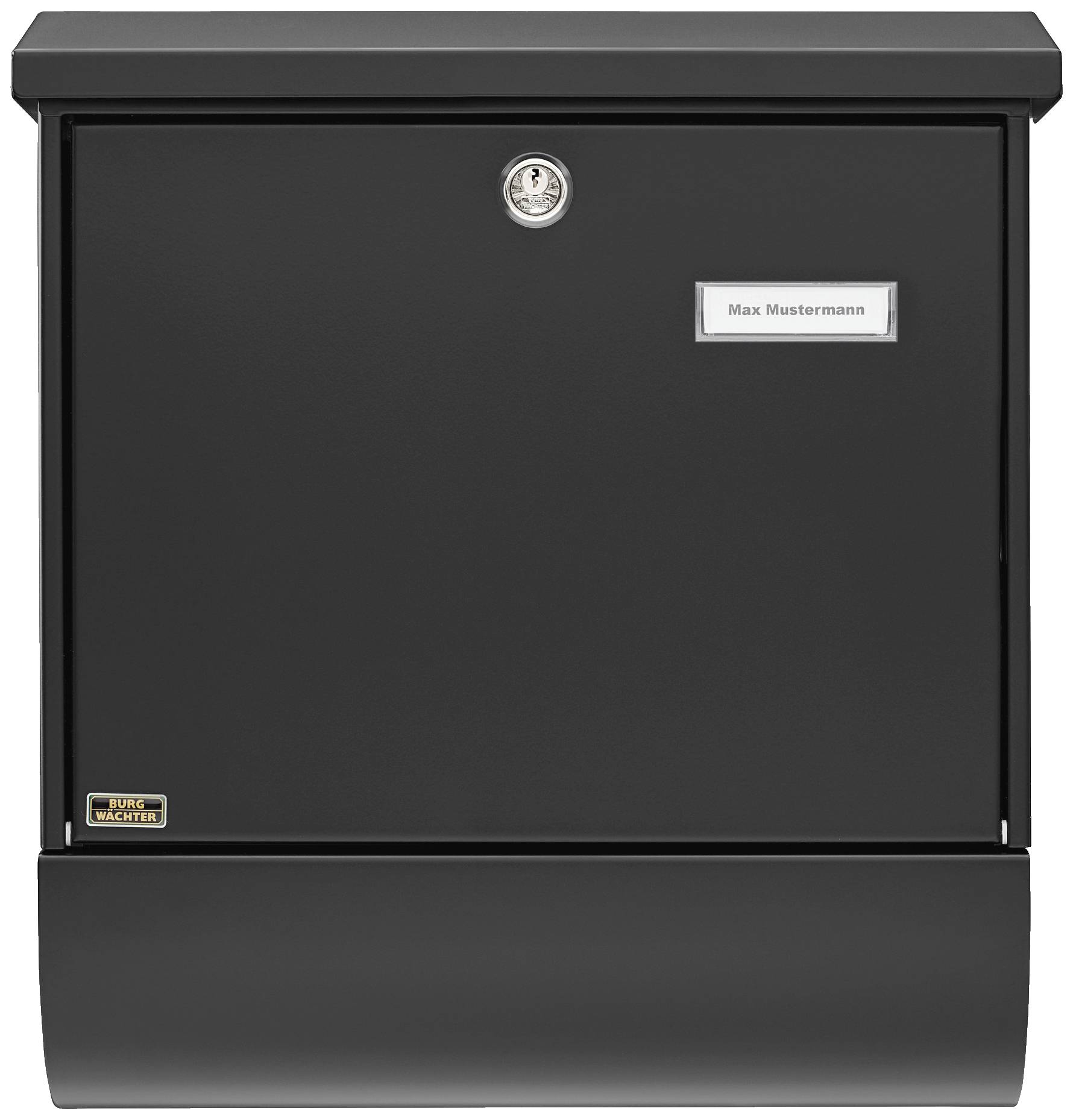 A black letterbox with a nameplate reading 'Max Mustermann' and a lock, mounted on a wall.
